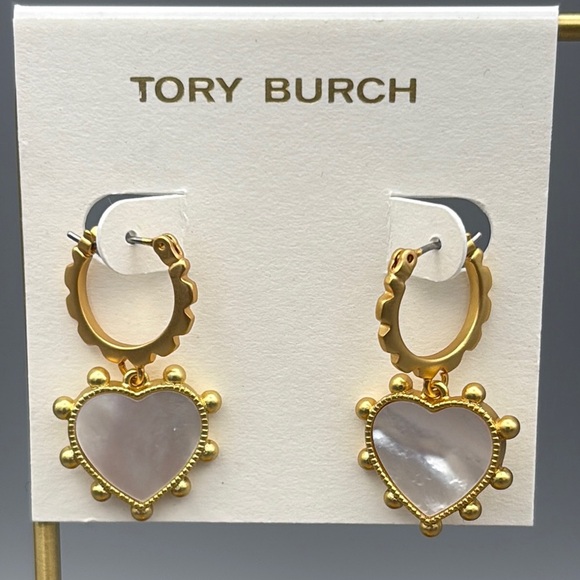 Tory Burch Gold Huggie Hoops with White Mother of Pearl Heart Drops - Picture 1 of 5